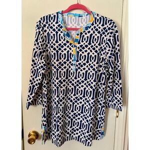 J. McLaughlin Catalina Cloth Tunic Top Navy Blue Geo XL
